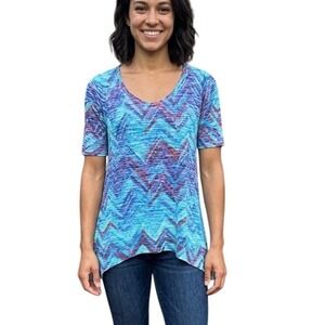 Nally & Millie Blue Purple Chevron Zig Zag Tunic Top Short Sleeve Small 18-6194